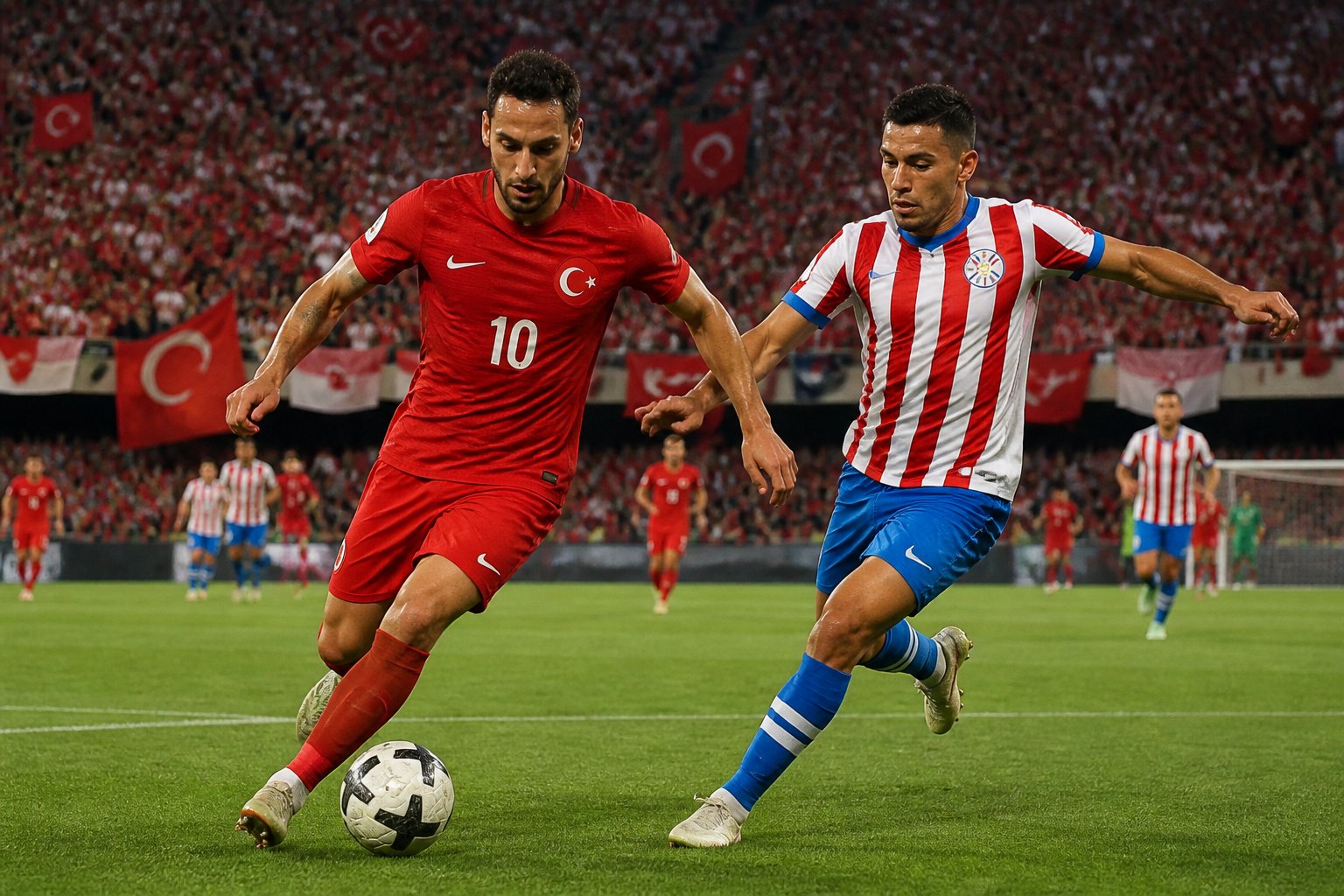 Türkiye ve Paraguay arasında Dünya Kupası maçında sahada mücadele eden iki futbolcu ve dolu tribünler.