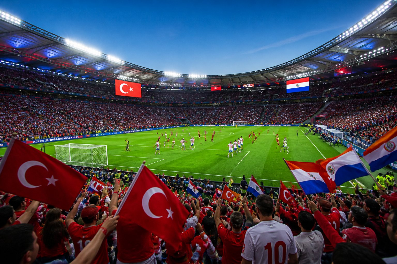 Türkiye ve Paraguay arasında Dünya Kupası maçında futbol sahasında oynayan oyuncular ve tribünlerde bayraklar sallayan taraftarlar.