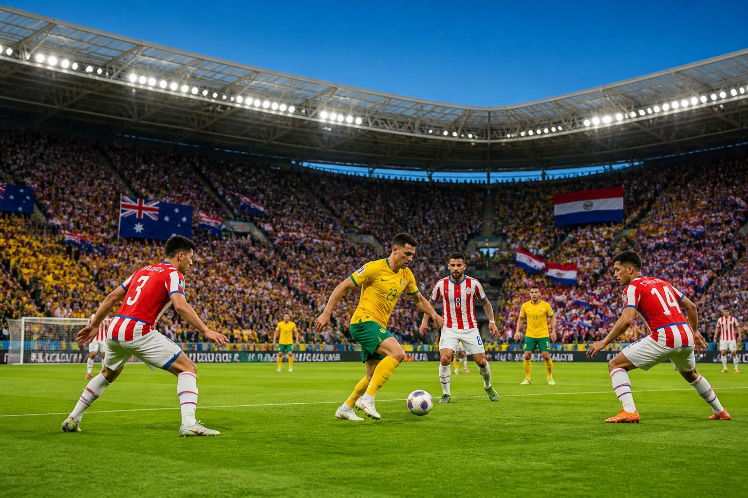 Paraguay ve Avustralya futbol takımları maç yapıyor, dolu bir stadyumda oyuncular sahada aktif şekilde mücadele ediyor.