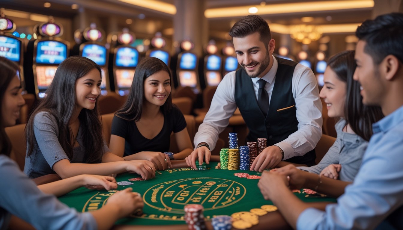 Beberapa orang sedang belajar bermain permainan kasino di meja poker dengan dealer yang ramah di latar kasino yang terang dan hangat.