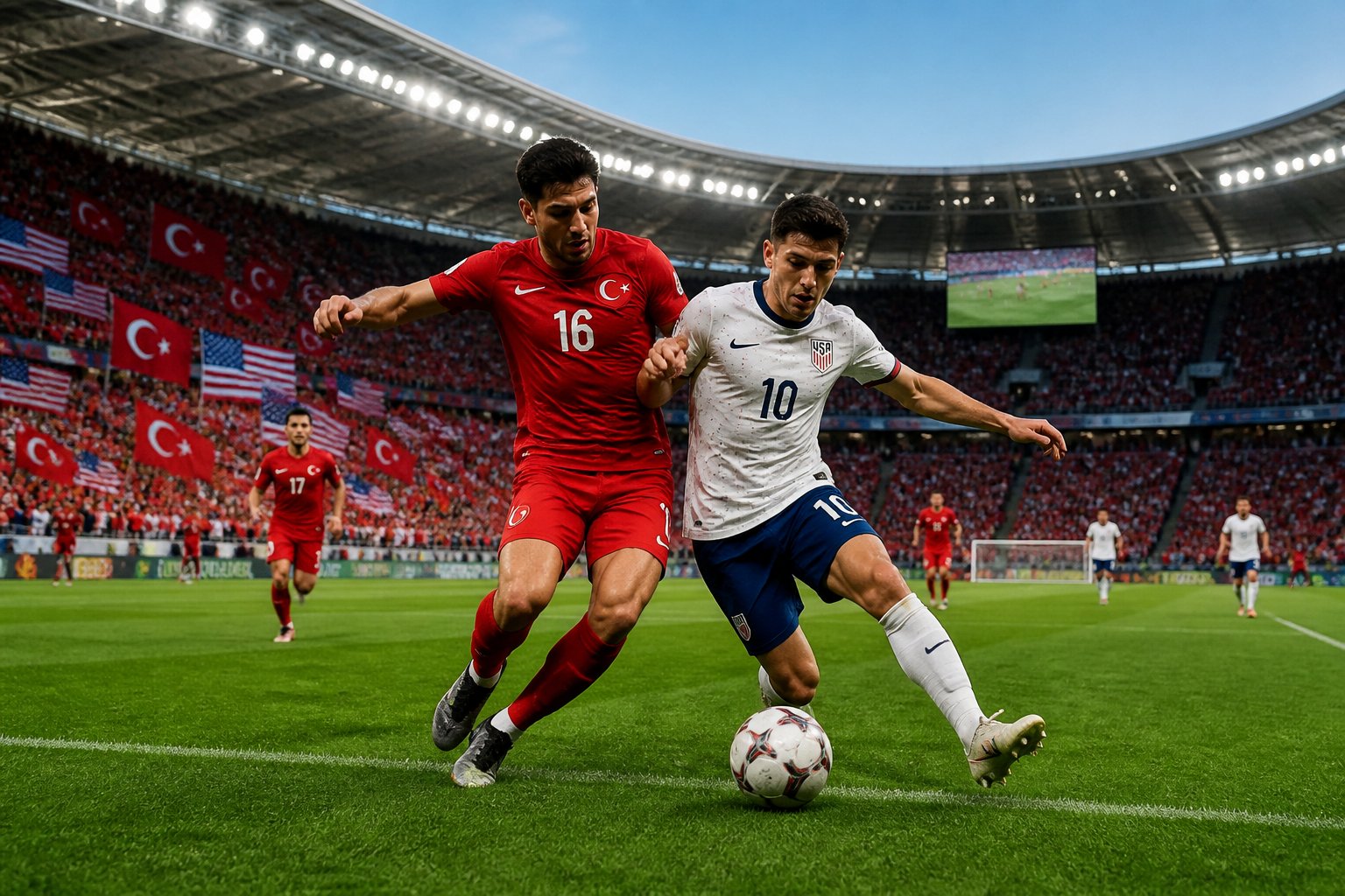 Türkiye ve ABD milli takımları arasında Dünya Kupası maçında, iki futbolcu top için mücadele ediyor, tribünlerde taraftarlar bayraklarla destek veriyor.