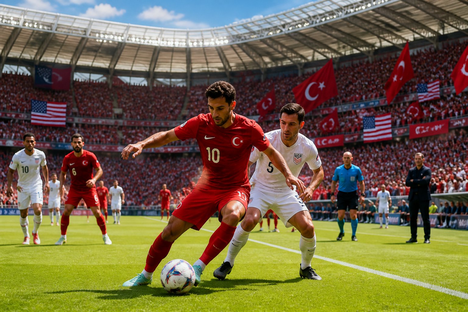 Türkiye ve ABD arasında Dünya Kupası maçında futbolcular sahada mücadele ediyor, tribünler dolu ve taraftarlar bayraklar sallıyor.