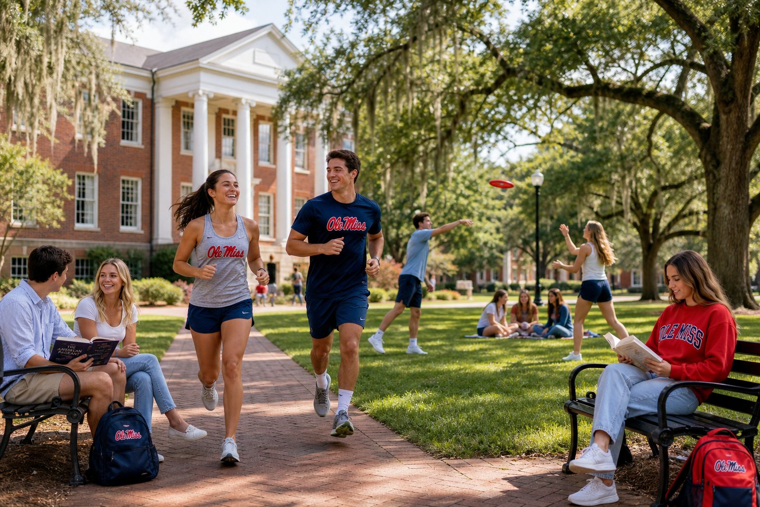 A group of young adults jogging, playing frisbee, and relaxing outdoors in a park with large trees and Southern-style buildings in the background.