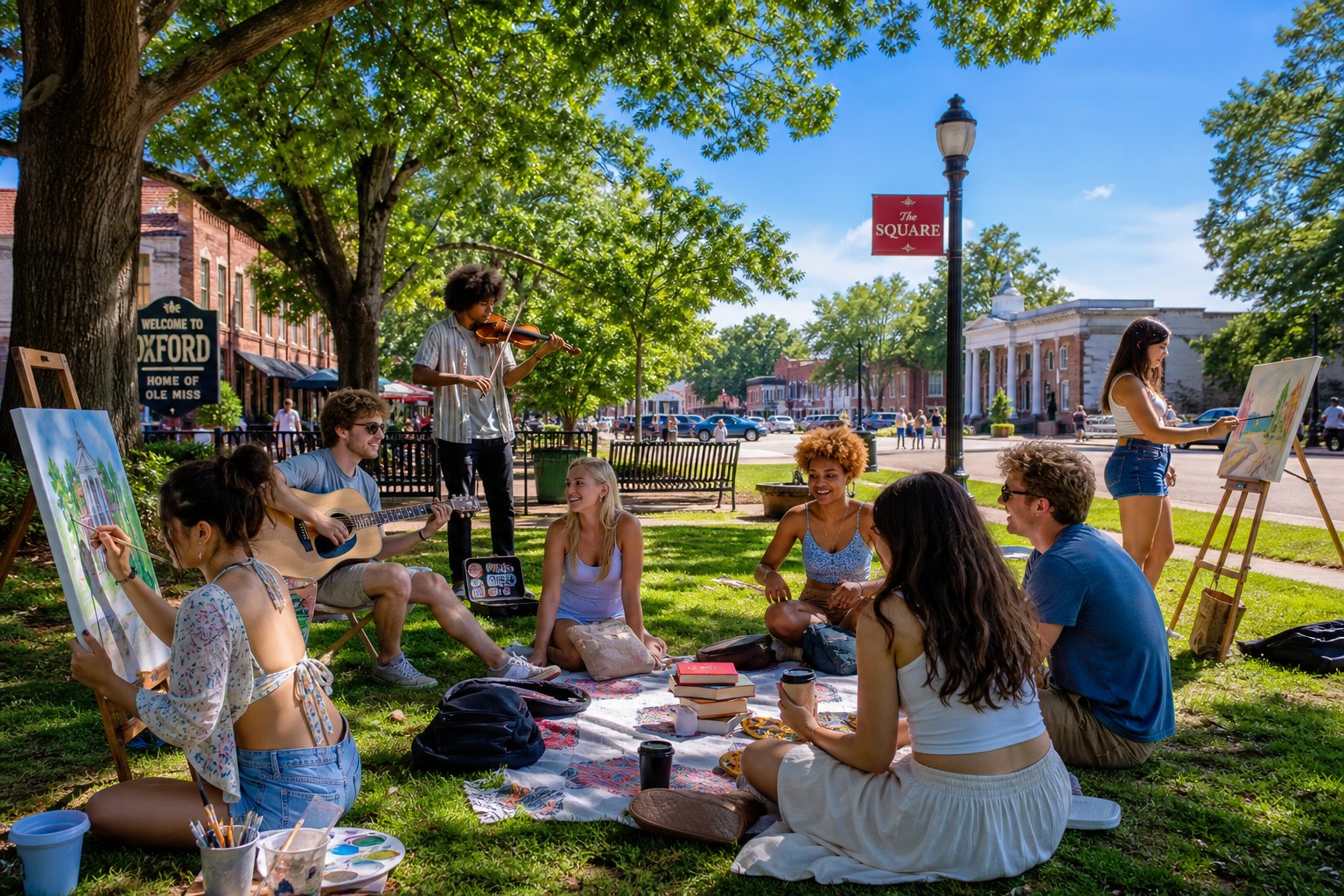 A group of young adults enjoying outdoor creative and cultural activities in a sunny park with historic buildings in the background.