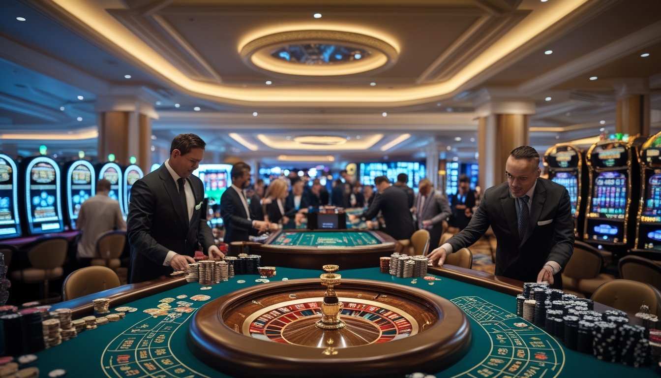 Suasana dalam kasino modern dengan pemain dan dealer yang sedang bermain berbagai permainan kasino terkenal seperti poker, blackjack, roulette, dan mesin slot.