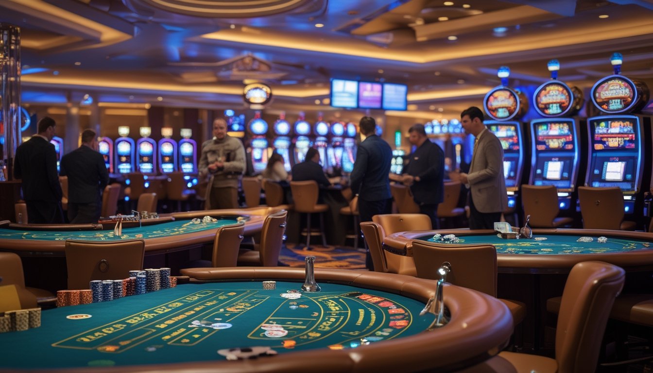 Suasana lantai kasino dengan berbagai permainan populer seperti blackjack, poker, roulette, dan mesin slot, dengan pemain yang sedang bermain.