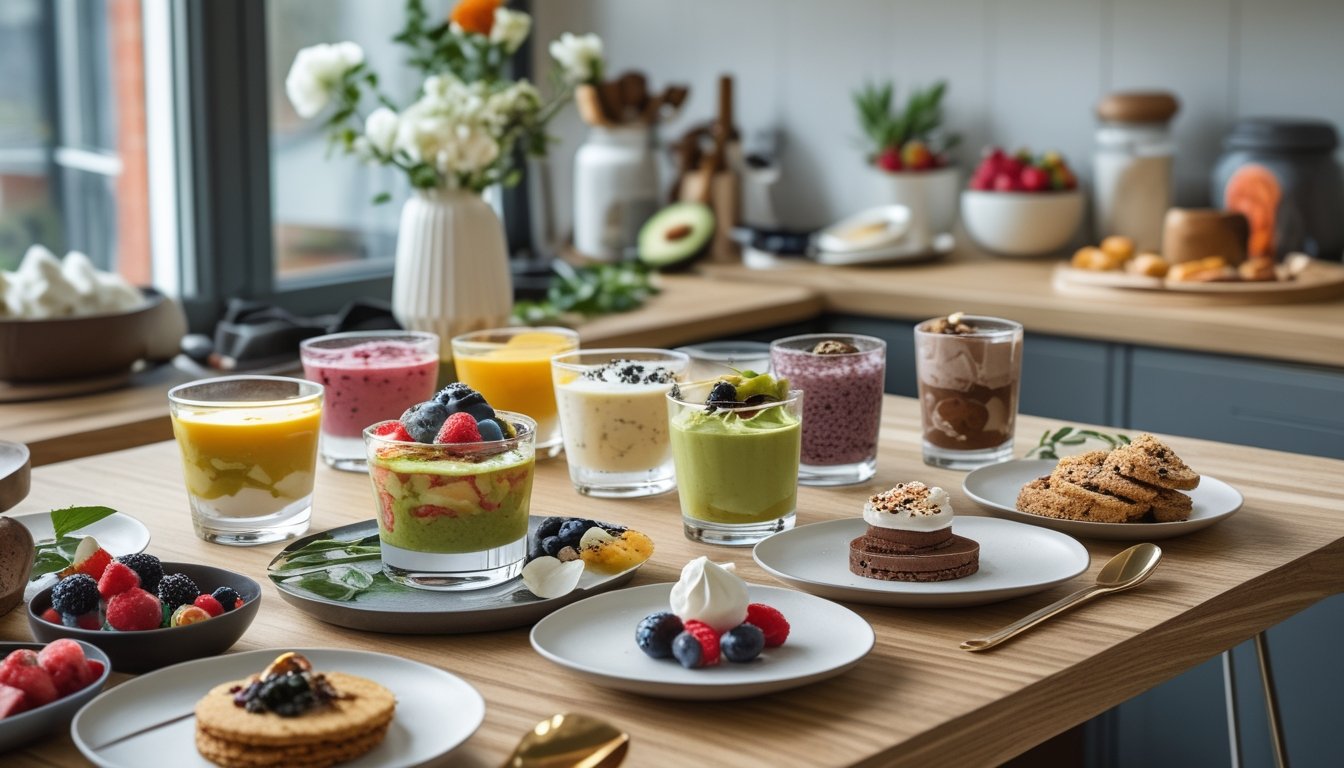 Meja dapur dengan berbagai makanan penutup sehat dan lezat yang disajikan dengan rapi, termasuk parfait buah segar, puding chia, dan kue almond, dengan cahaya alami yang menyampaikan suasana.