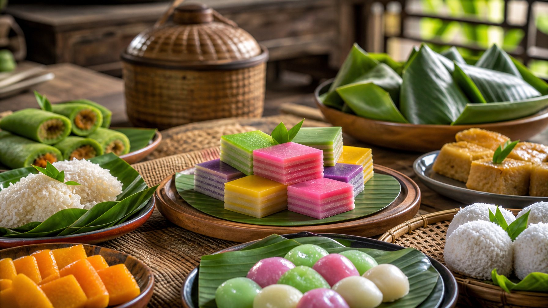 Berbagai makanan penutup tradisional Indonesia yang disajikan di atas meja kayu dengan latar belakang dapur tradisional.
