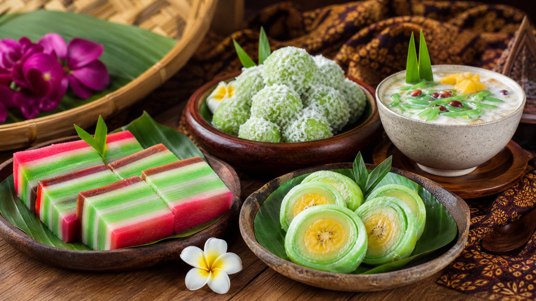 Berbagai makanan penutup tradisional Indonesia yang berwarna-warni disusun rapi di atas meja kayu dengan hiasan daun tropis dan kain batik.