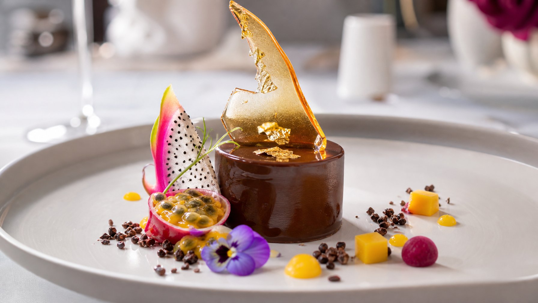 Piring berisi makanan penutup modern dengan mousse cokelat, buah eksotis, dan hiasan gula di atas meja makan minimalis.