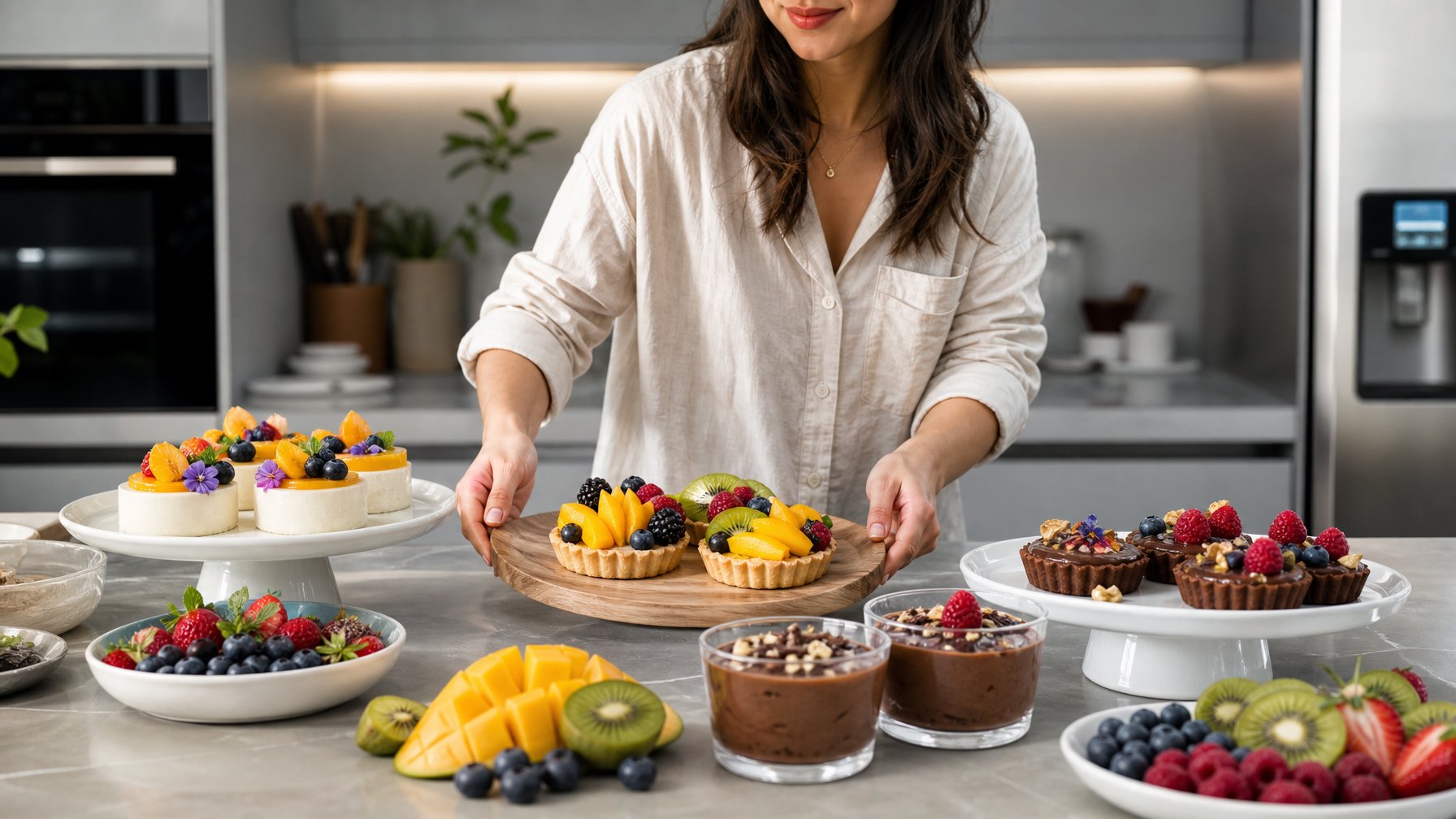 Suasana dapur modern dengan berbagai makanan penutup vegan berwarna-warni yang disajikan di atas meja, dengan seseorang sedang menata hidangan tersebut.