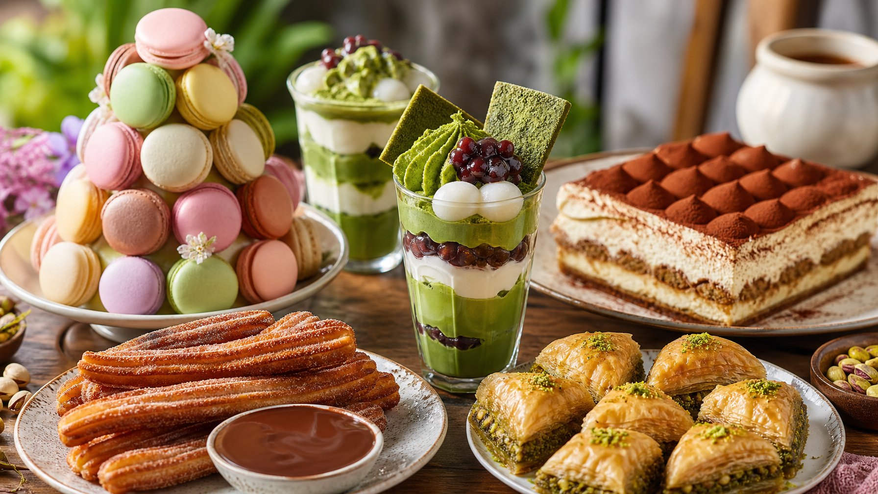 Aneka makanan penutup internasional yang sedang tren di tahun 2026 tersaji di atas meja kayu, termasuk macaron, parfait matcha, tiramisu, churro, dan baklava.