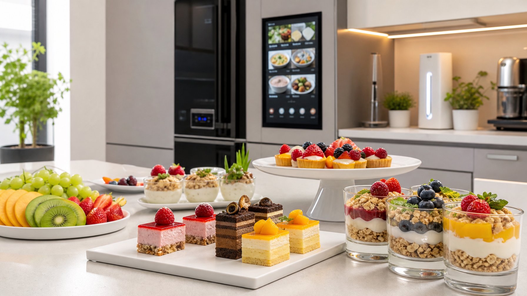 Meja dapur modern dengan berbagai makanan penutup kecil dan praktis yang disajikan rapi, termasuk parfait buah, kue kecil, dan potongan buah segar.