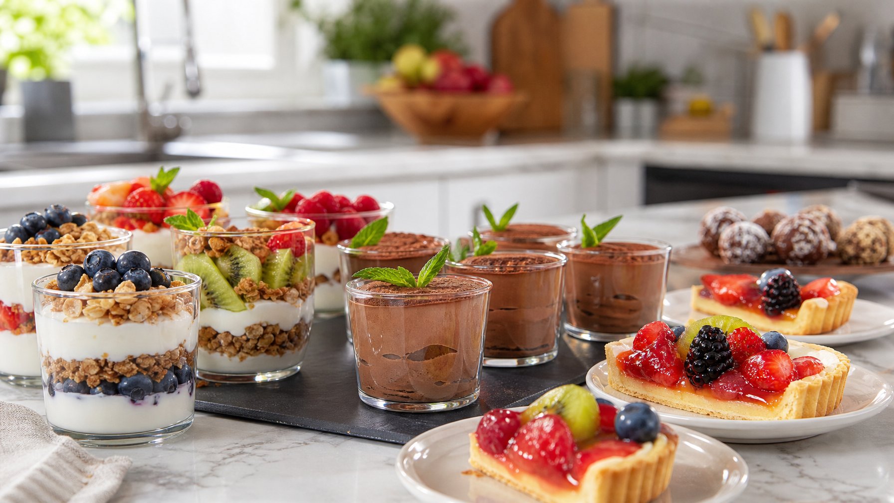 Berbagai makanan penutup cepat dan praktis disajikan di atas meja dapur yang bersih dan terang dengan buah segar dan mousse cokelat.