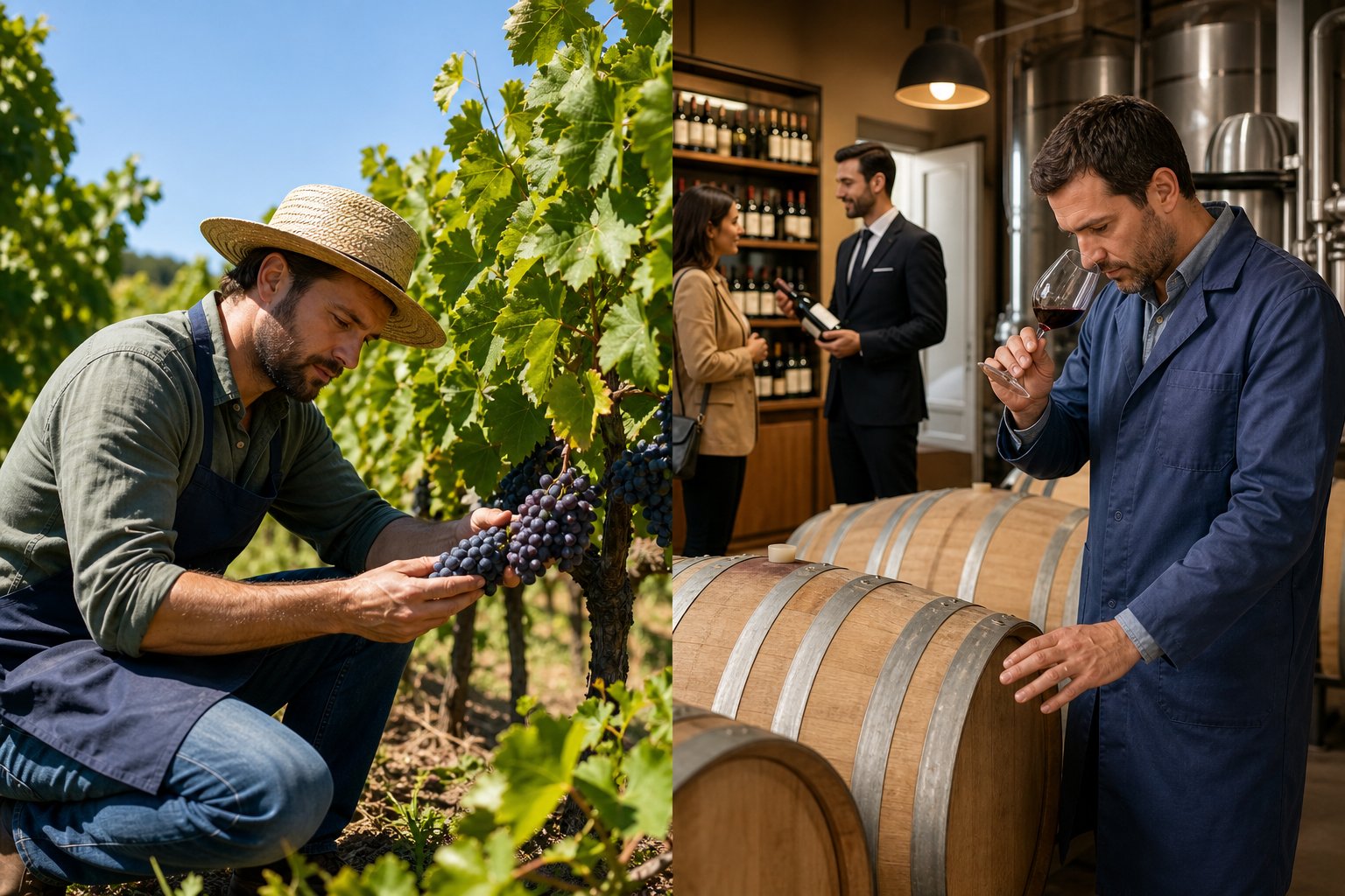 Mehrere Personen bei der Arbeit in einem Weinberg, einer modernen Weinkellerei und einem Weinladen.