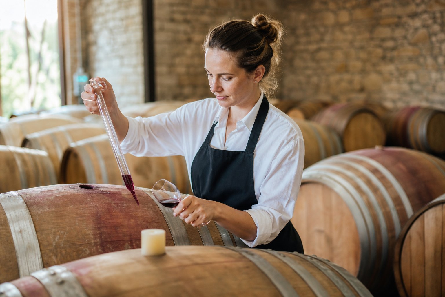 Eine Person inspiziert in einem Weinkeller einen Holzfass mit einem Weinprobiergerät, umgeben von Reihen von Weinfässern.