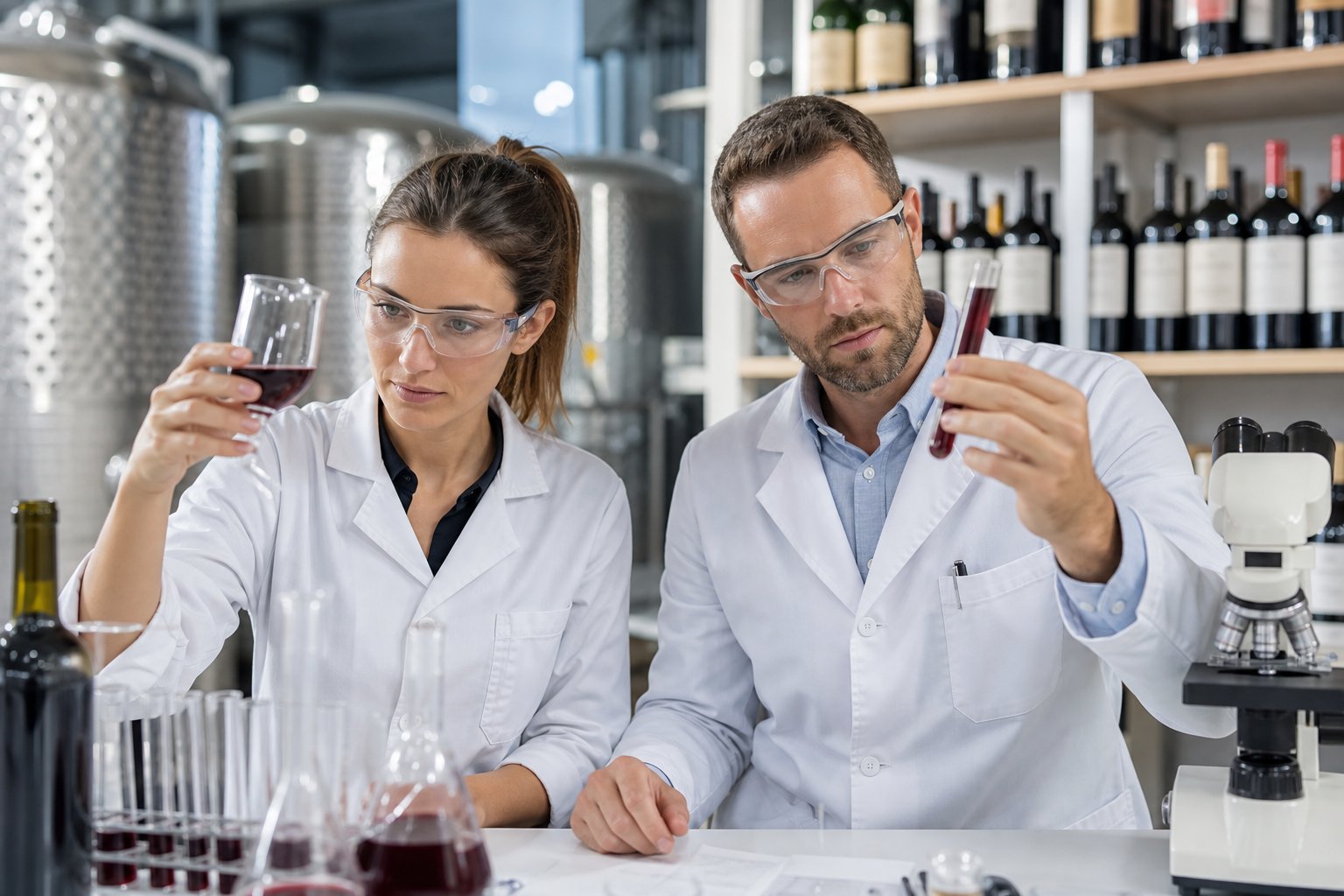 Zwei Önologinnen und Önologen in einem Labor untersuchen Weinproben mit Reagenzgläsern vor Weinfermentationstanks.
