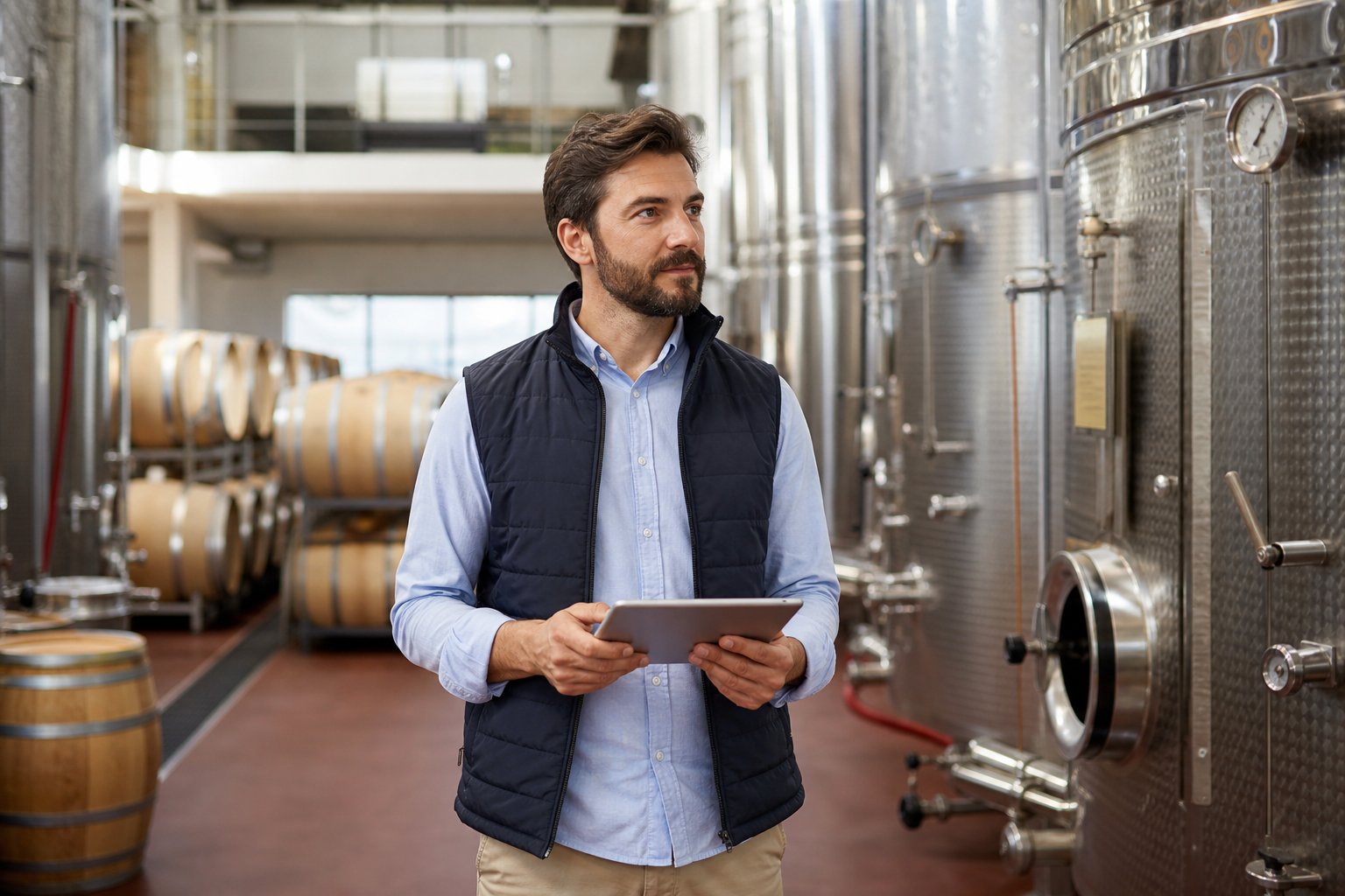 Produktionsleiter in einem modernen Weingut steht vor Fermentationstanks und überprüft den Produktionsablauf.