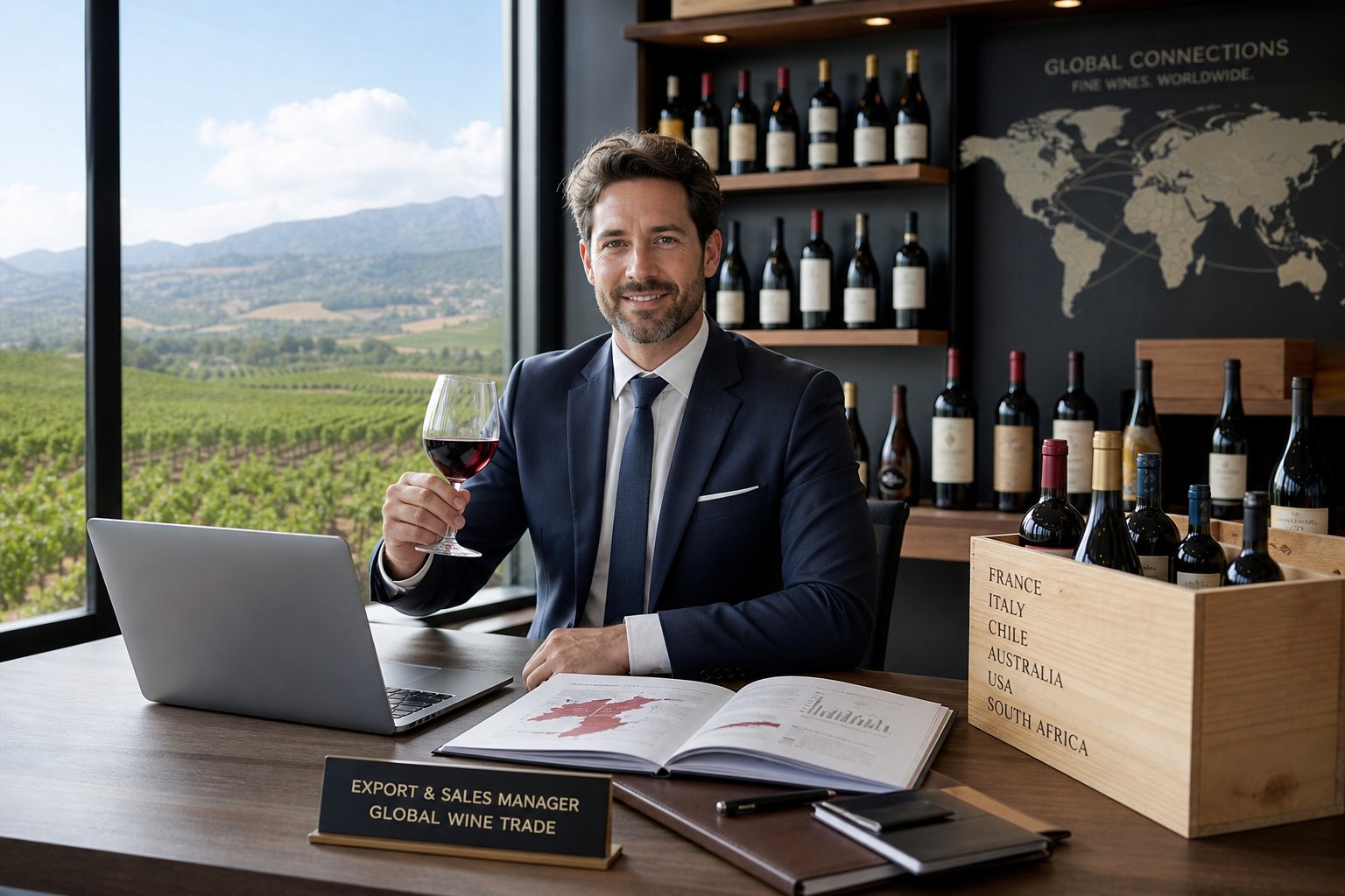 Eine Person in Geschäftskleidung steht in einem Büro mit Blick auf einen Weinberg, umgeben von Weinflaschen und Arbeitsmaterialien.