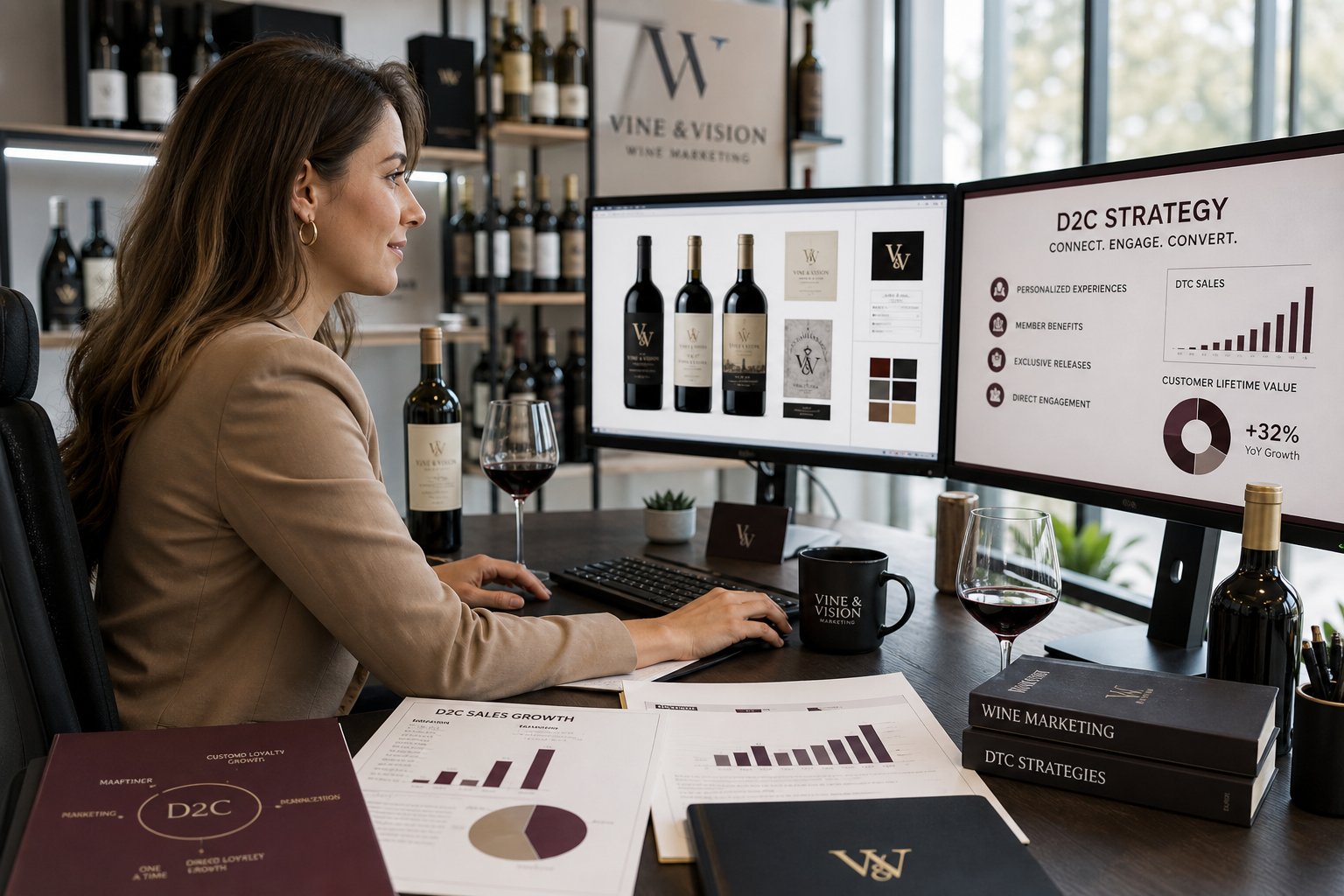 Eine Frau arbeitet an einem Schreibtisch mit Computern und Weinflaschen im Hintergrund, sie plant Marketingstrategien für Wein.