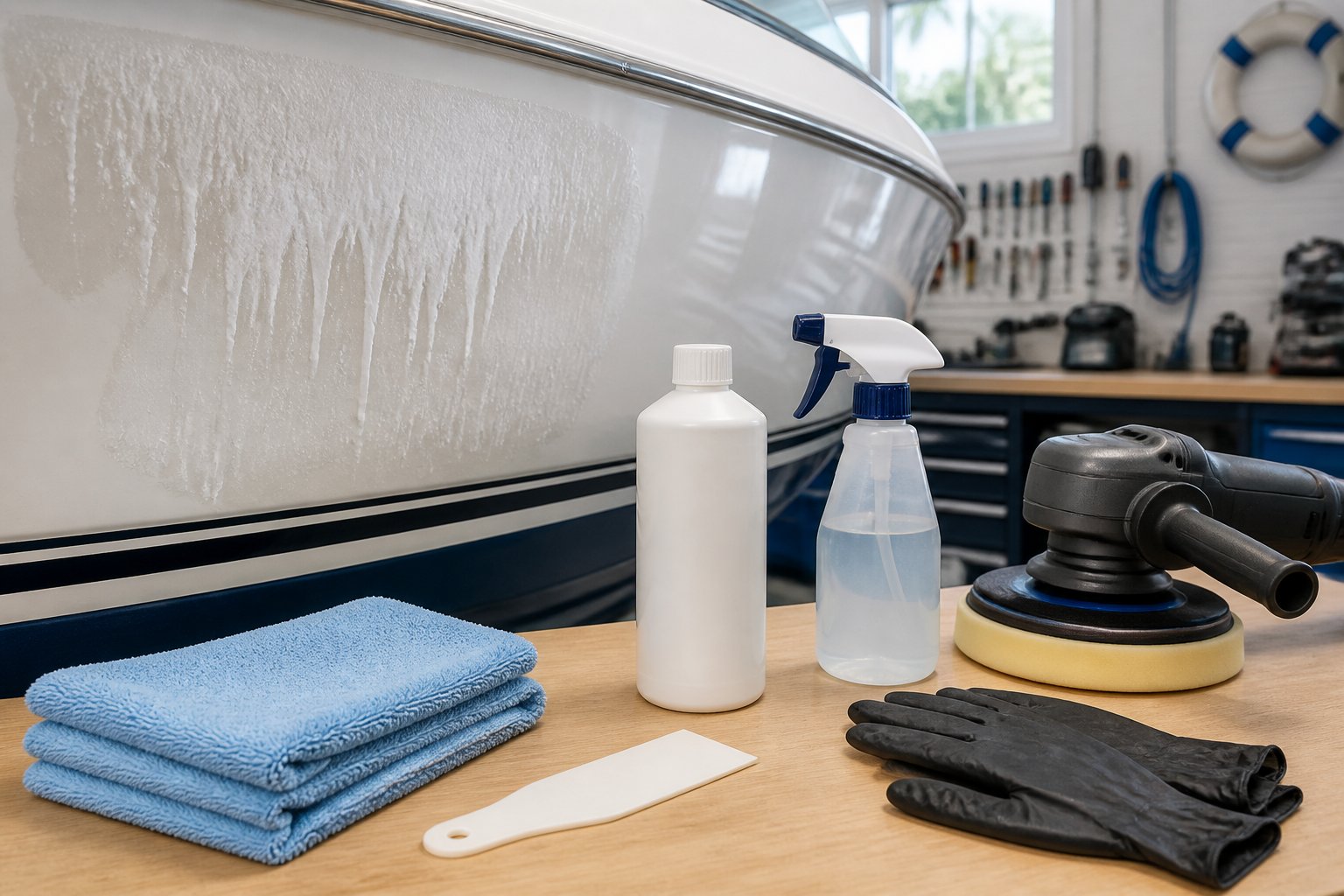 Workspace showing tools and supplies arranged near a fiberglass boat hull with wax residue for cleaning.
