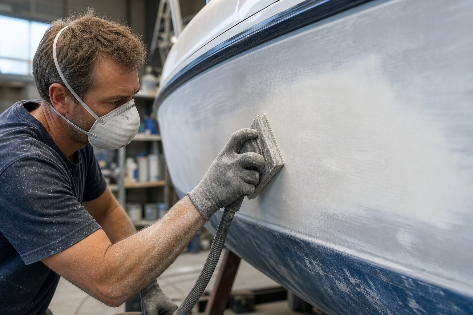 A person sanding the hull of a fiberglass boat in a workshop, wearing protective gloves and a dust mask.