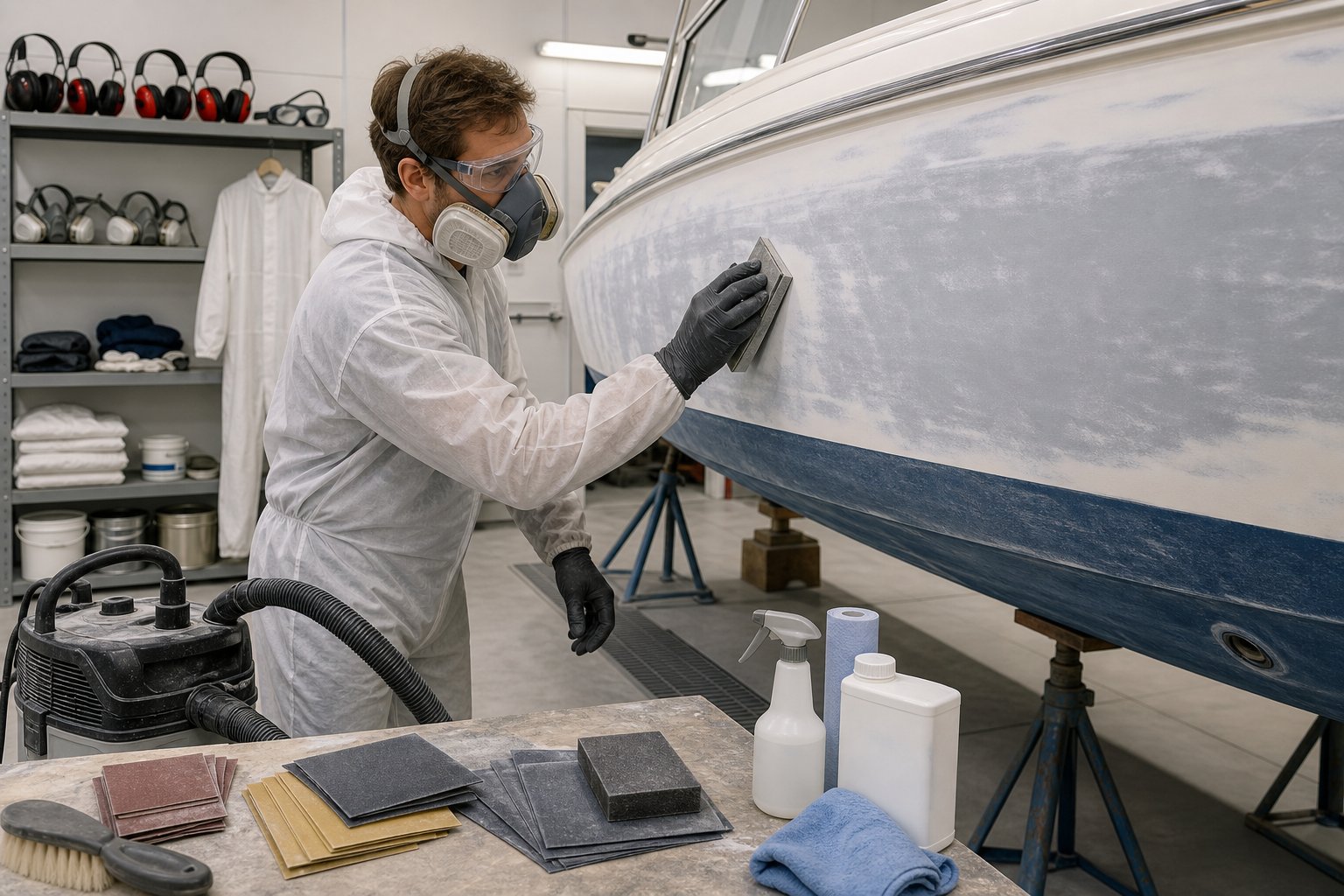 A person wearing safety gear sanding the hull of a fiberglass boat in a workshop with tools and protective equipment nearby.