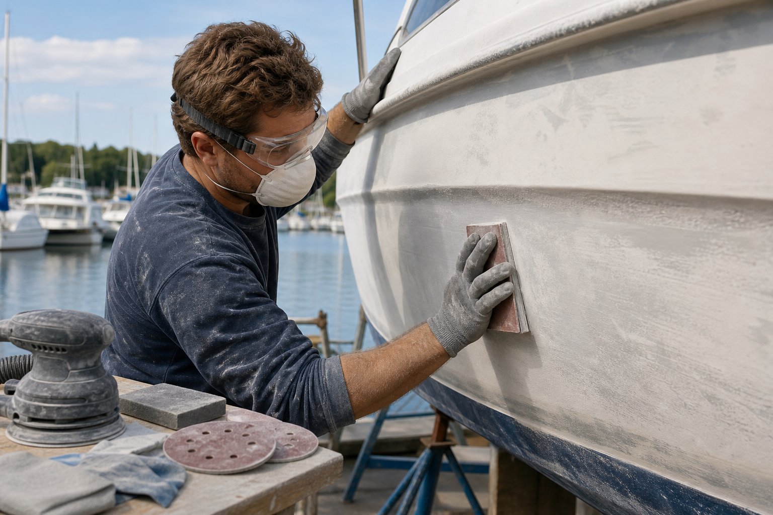 Person sanding the fiberglass hull of a boat outdoors near a marina, wearing protective gear and preparing the surface for painting.