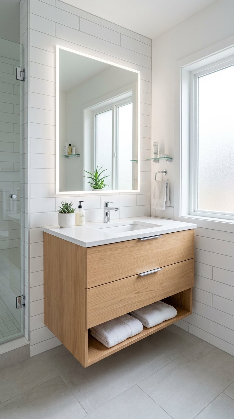 Small bathroom with a modern floating vanity, a rectangular sink, a frameless mirror, and white tiled walls.