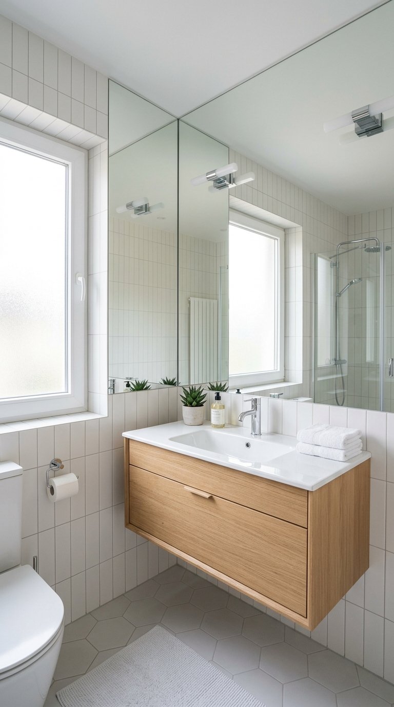 A small bathroom with large mirrors reflecting the room, a white sink, and modern fixtures.