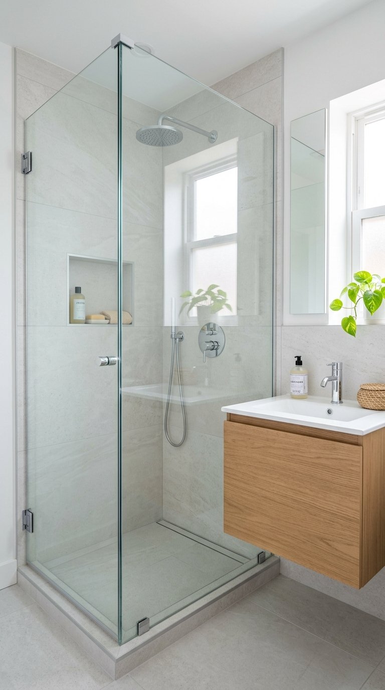 Small bathroom with a walk-in glass shower and a compact vanity.