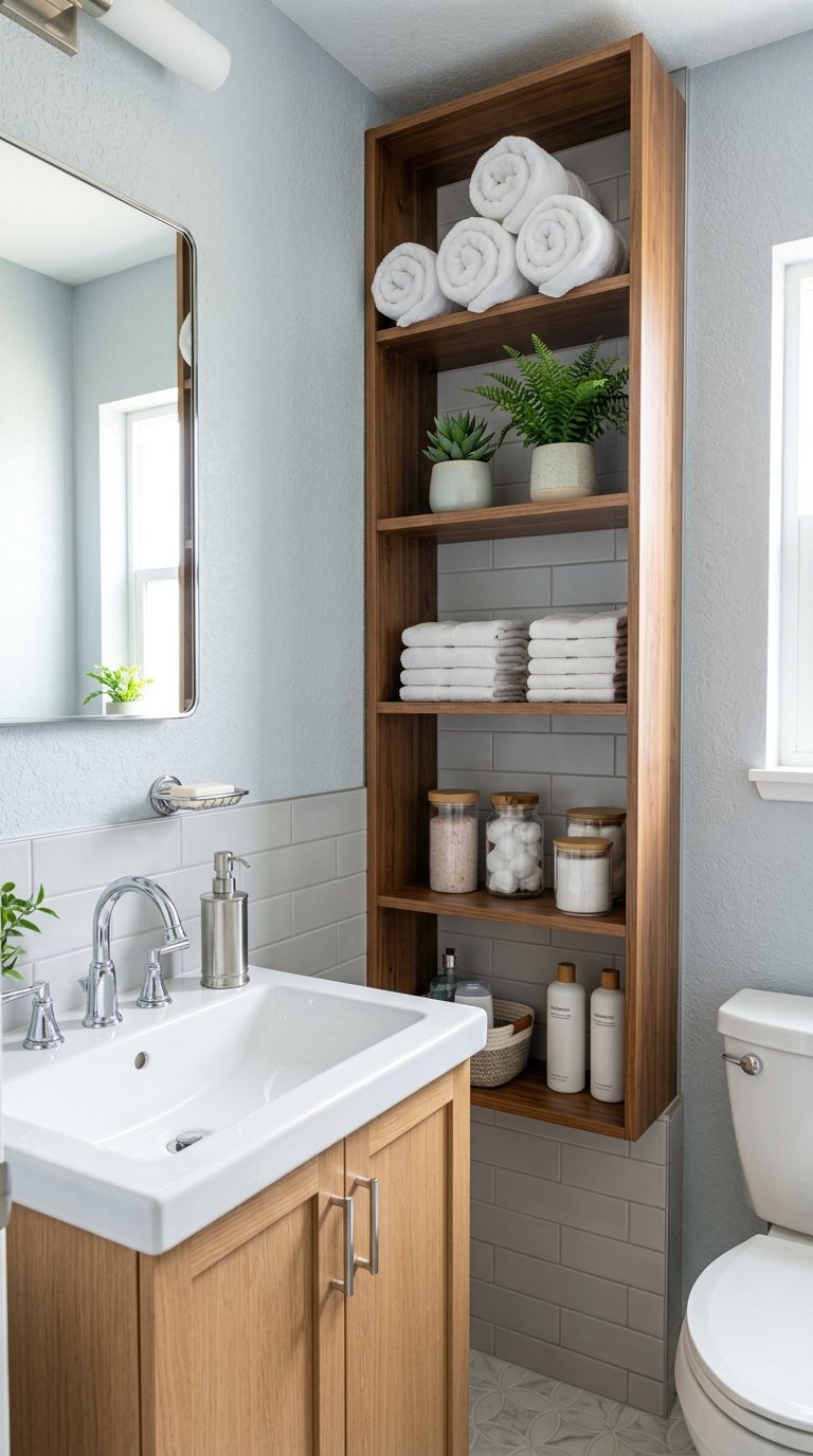 Small bathroom with vertical storage shelves next to the sink holding towels and toiletries.