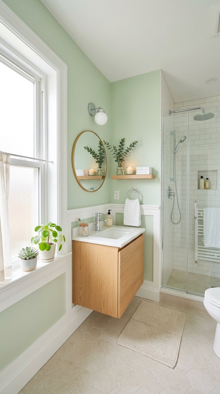 A small bathroom with light-colored walls, a modern vanity, a round mirror, natural light from a window, and green plants.