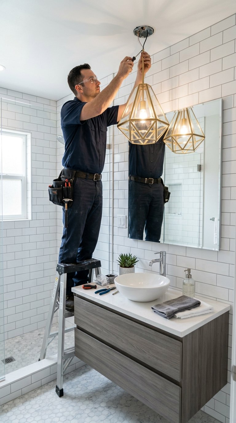 A person installing a stylish light fixture above the vanity in a small remodeled bathroom.