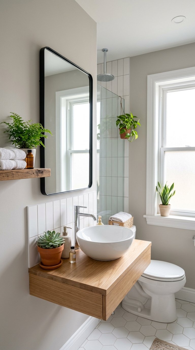 Small remodeled bathroom with modern fixtures and several green plants adding freshness.