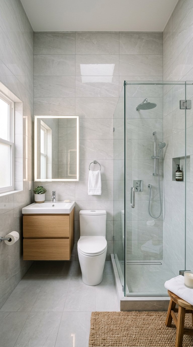 Small bathroom with floor-to-ceiling tiles, a glass shower, and a compact white vanity.