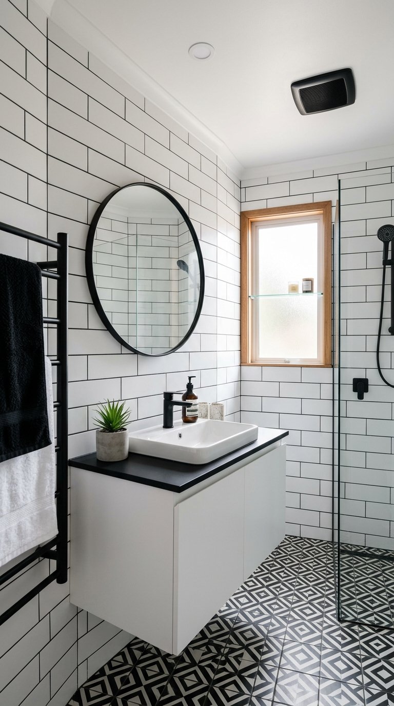 Small bathroom with a white vanity, round mirror, black fixtures, tiled walls and floor, and a small window letting in natural light.