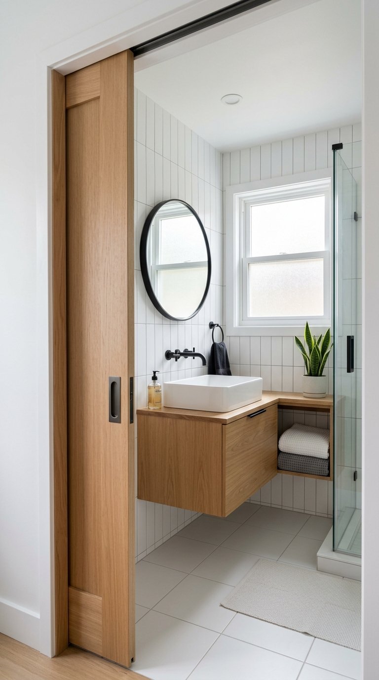 Small bathroom with a partially open pocket door revealing a compact vanity, sink, and mirror inside.
