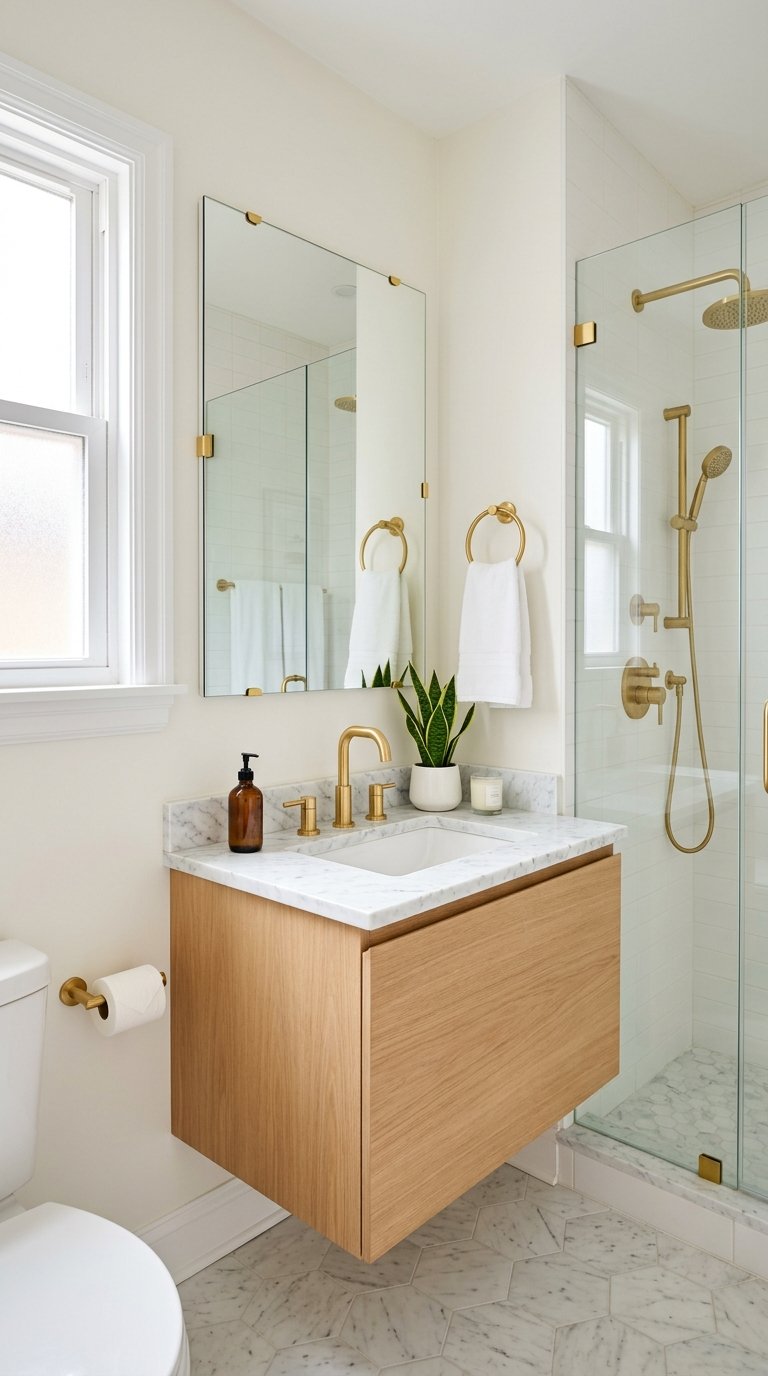 Small bathroom with white vanity and gold fixtures including faucet and towel racks, featuring a mirror and natural light.