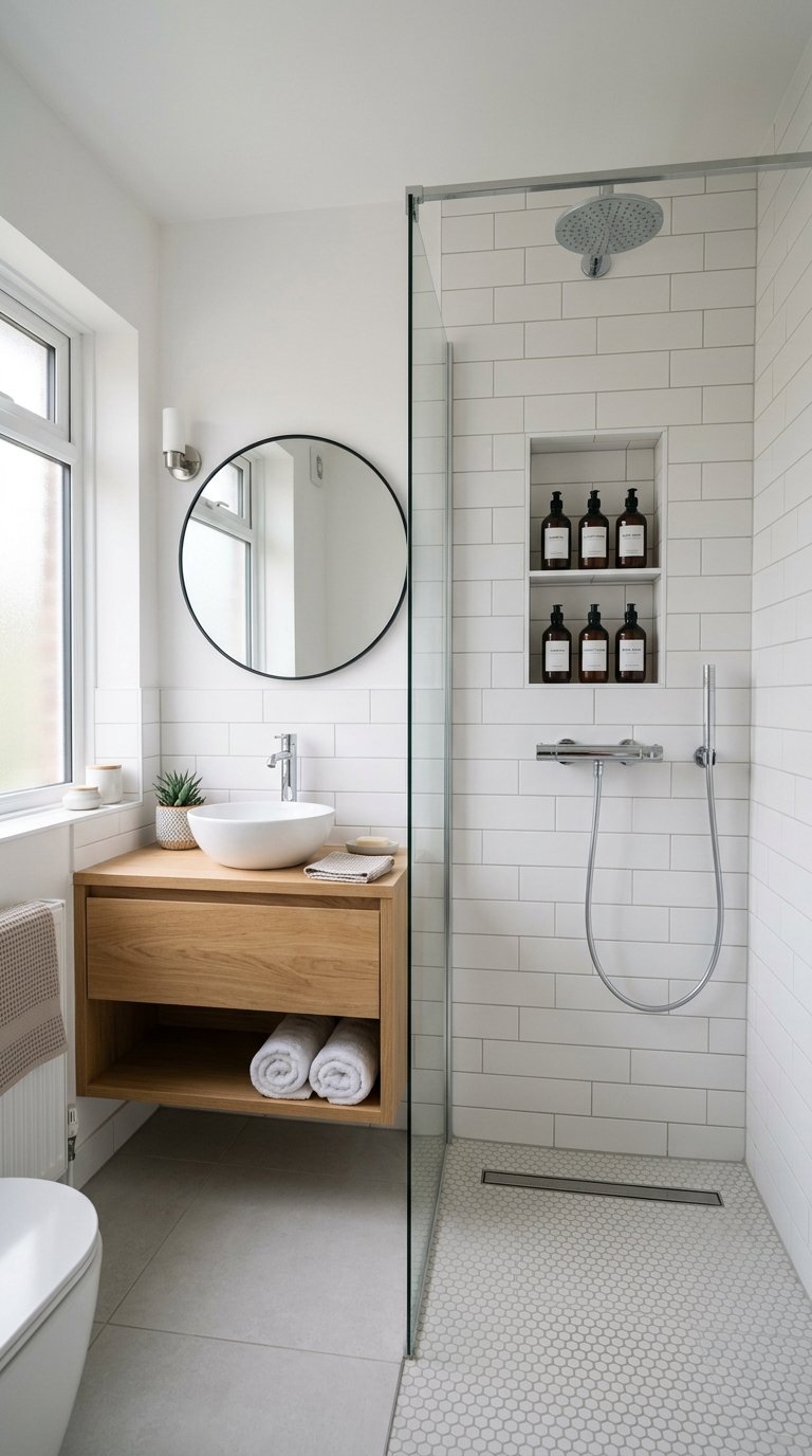 Small bathroom with built-in wall niches in the shower holding toiletries.