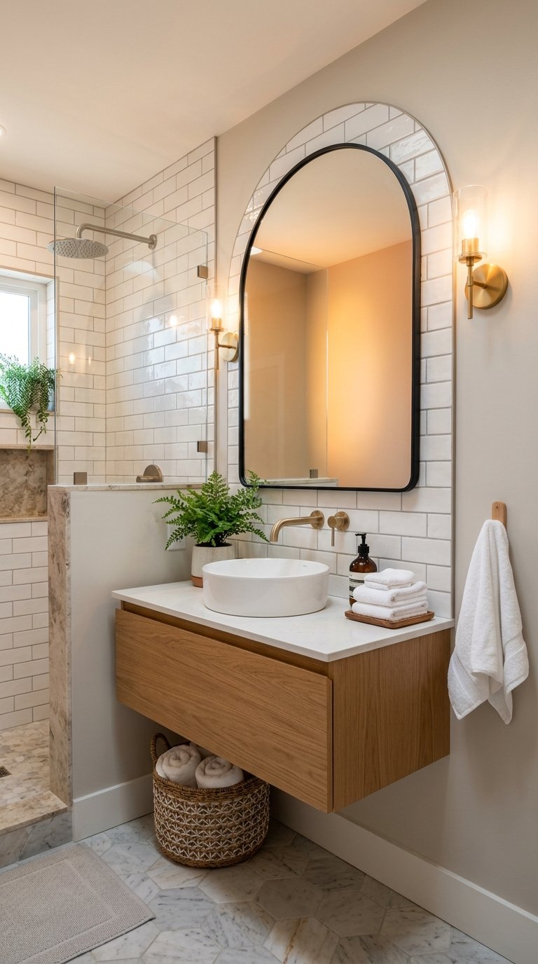 A small bathroom with a curved mirror above the sink, soft lighting, and minimal decorations.