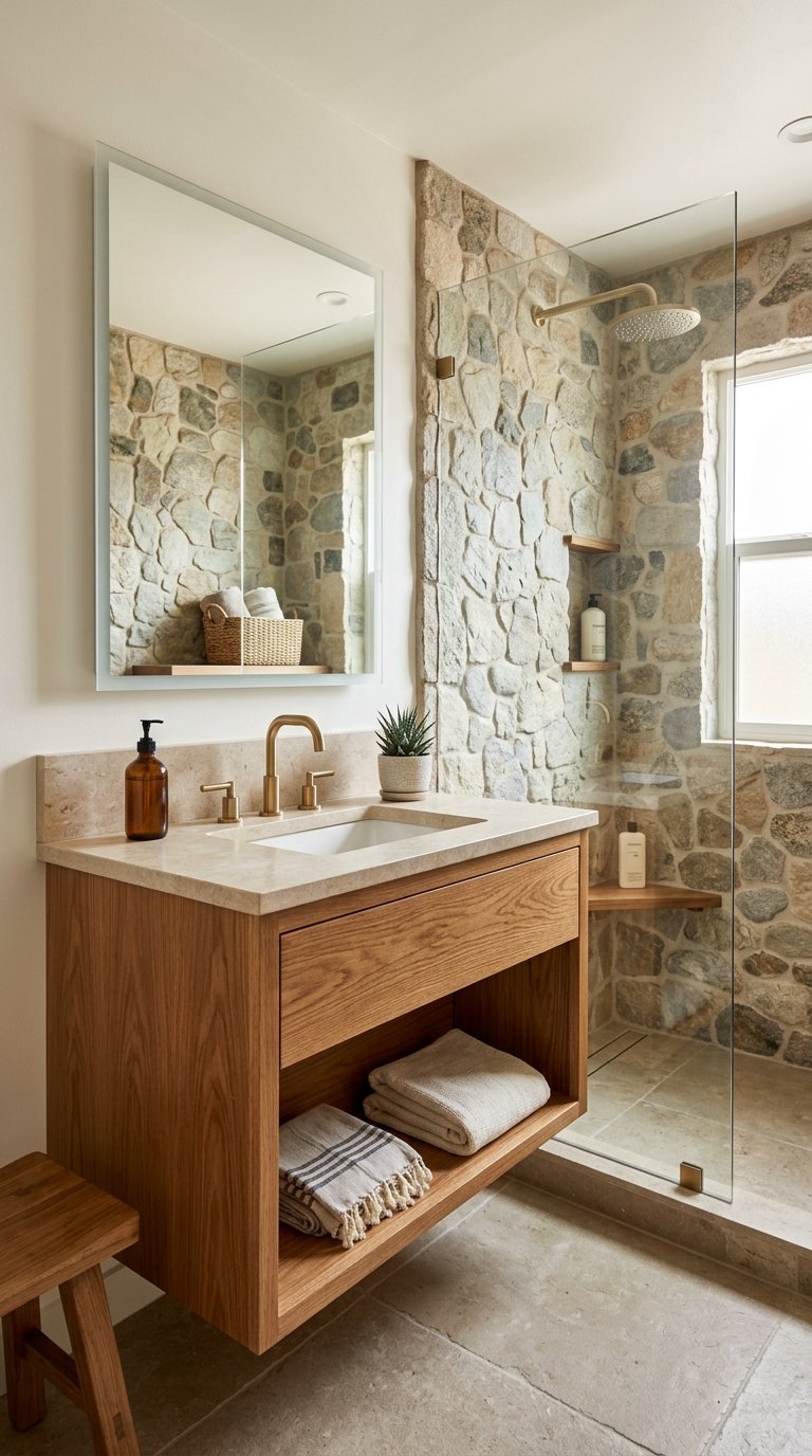 Small bathroom with wooden cabinets and stone countertops, featuring a sink, mirror, and plants.