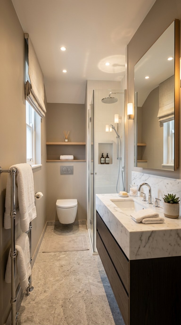 A small bathroom with a modern vanity, glass shower, and neatly arranged towels.