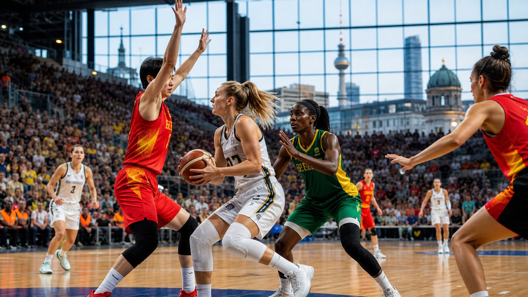 Para pemain bola basket wanita sedang bertanding di arena dalam ruangan dengan penonton di latar belakang dan pemandangan kota Berlin terlihat melalui jendela besar.