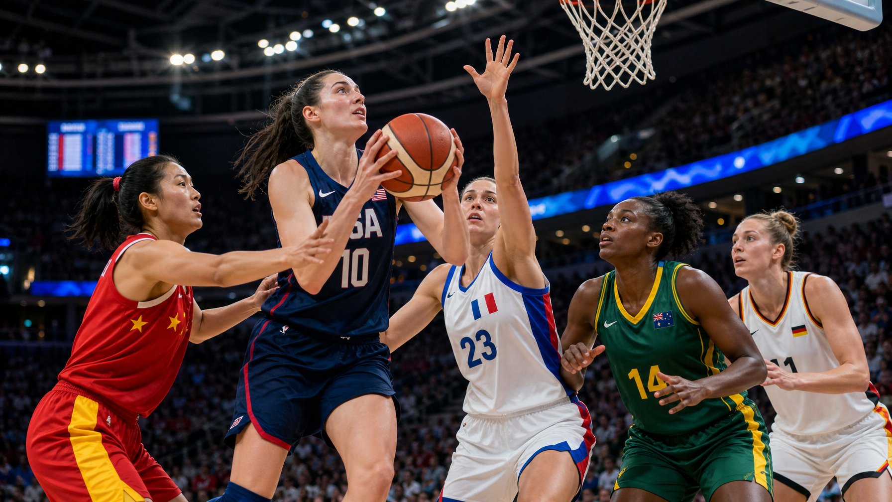 Pertandingan basket wanita internasional dengan lima pemain dari berbagai negara sedang berkompetisi di arena besar yang penuh penonton.