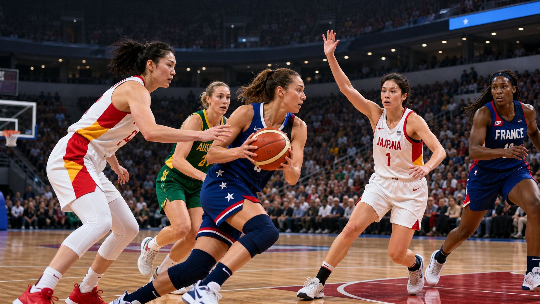 Pertandingan bola basket wanita dengan lima tim internasional yang sedang bermain di lapangan dalam ruangan, dikelilingi penonton dan pencahayaan stadion.