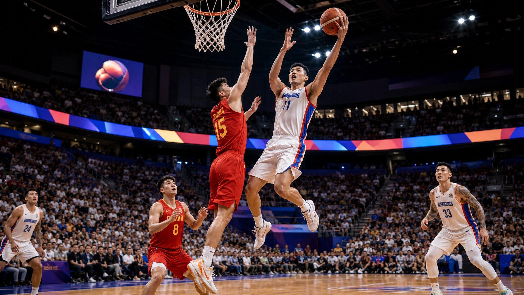 Pertandingan bola basket yang sengit di dalam stadion dengan pemain yang sedang melompat untuk melakukan tembakan, dikelilingi oleh penonton yang antusias.