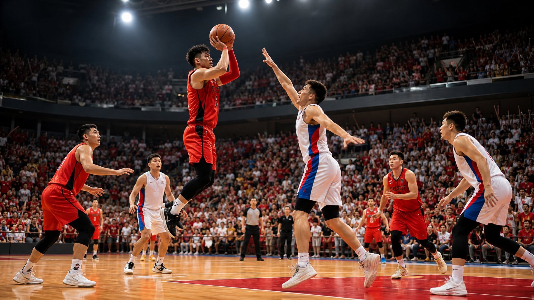 Pertandingan bola basket yang intens dengan dua tim pria sedang bertanding di lapangan dalam ruangan, dikelilingi penonton di stadion yang penuh semangat.