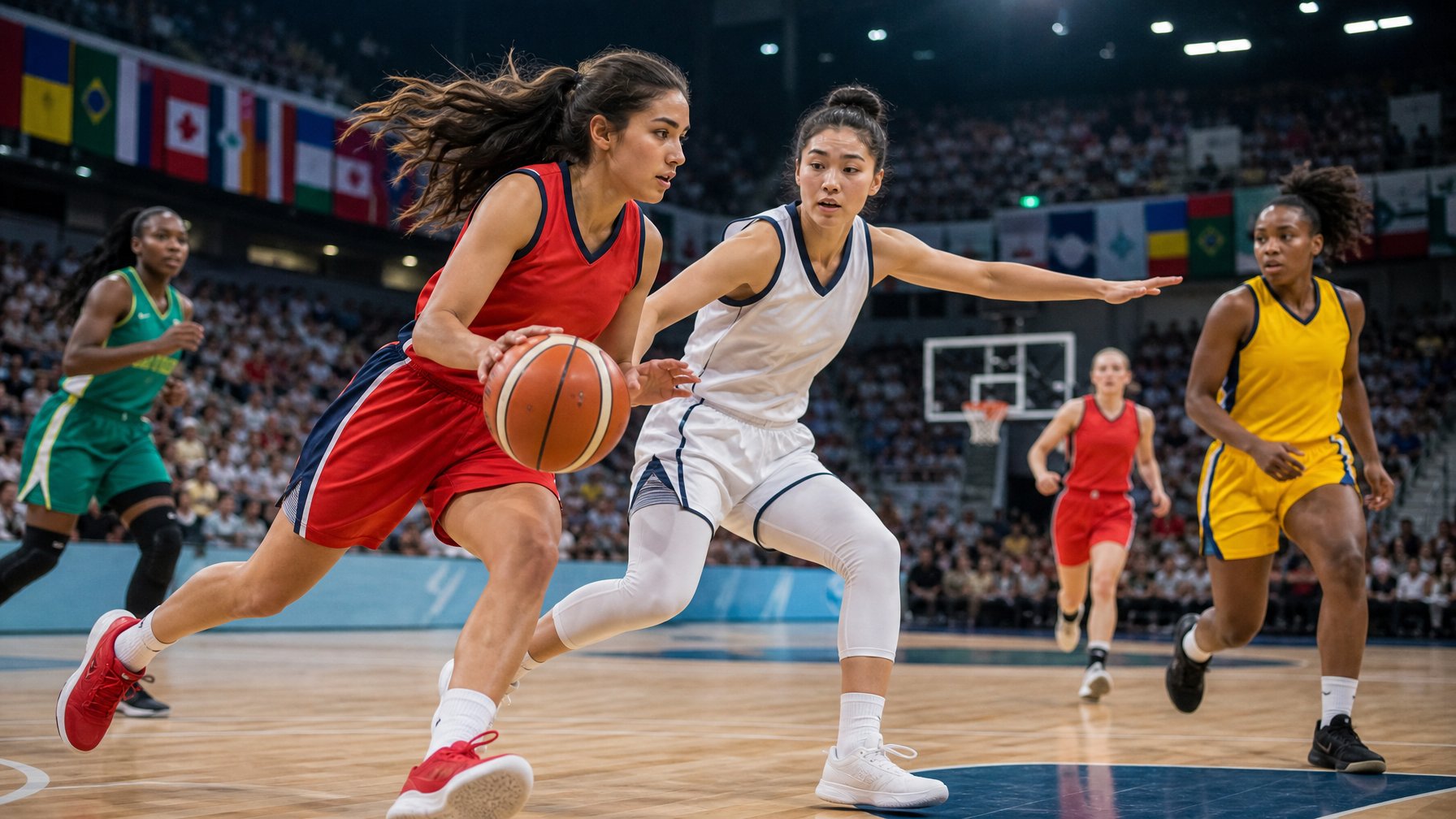 Sekelompok pemain basket internasional sedang bermain di lapangan dalam turnamen yang ramai dengan penonton.