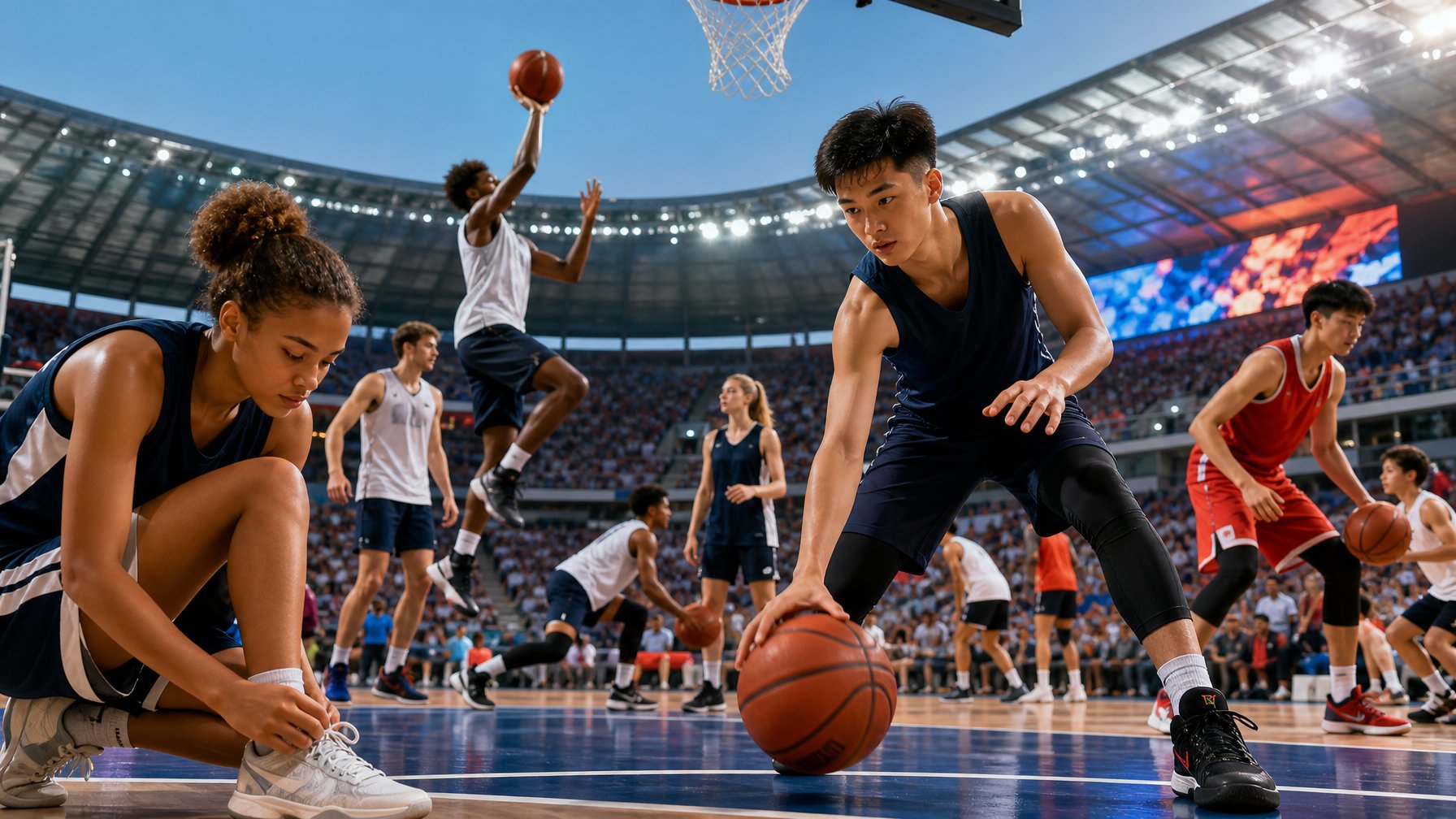 Sekelompok pemain basket muda internasional sedang berlatih dan bersiap di lapangan basket yang ramai dan terang.
